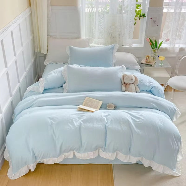 4-Piece Cotton Bedding Set with Ruffle Edges in Pastel Tones – Soft Duvet Covers for Cozy Cottagecore Style