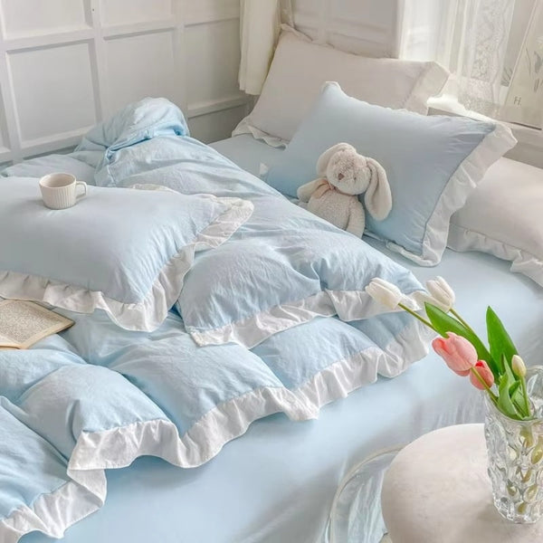 4-Piece Cotton Bedding Set with Ruffle Edges in Pastel Tones – Soft Duvet Covers for Cozy Cottagecore Style