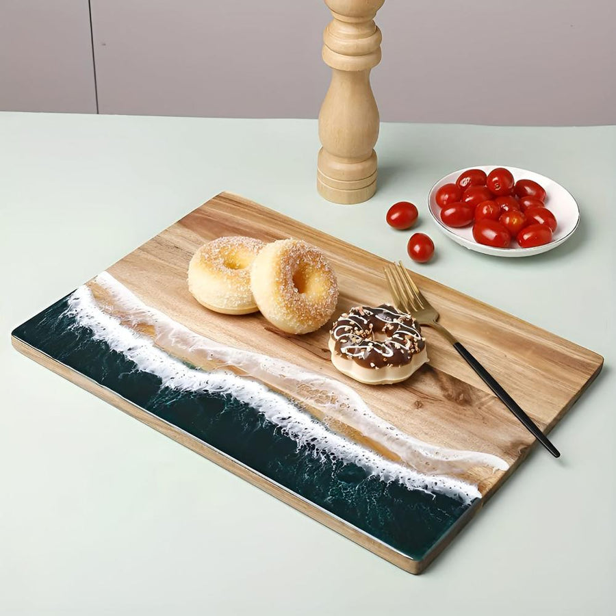 Acacia Wood Cutting Board with Ocean Resin Art – Unique Handcrafted Kitchen Decor for Chopping and Serving