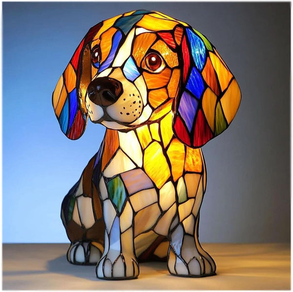 Art Deco Stained Glass Table Lamp with Dog Design – USB Powered Bedside and Bedroom Lamp for Unique Home Decor