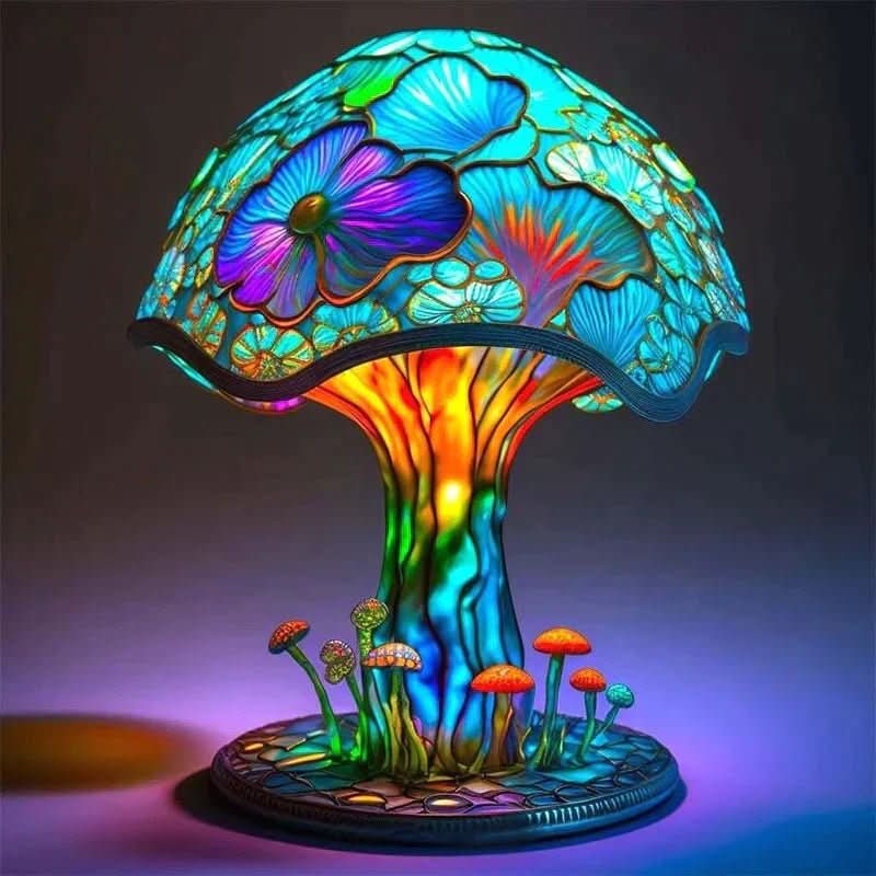 Art Nouveau Stained Glass Table Lamp – Unique Mushroom Design for Bedroom or Living Room, Warm Ambient Light