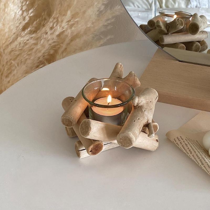 Coastal Tealight Candle Holder with Wooden Frame and Glass Insert for Indoor Tabletop Decor