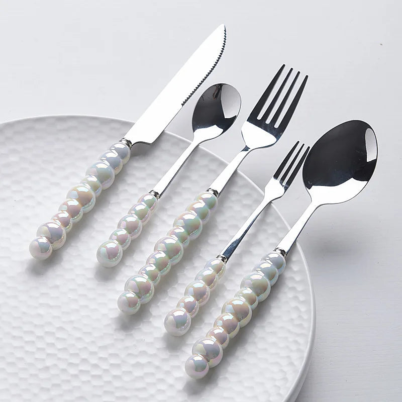 Elegant Flatware Set | Stainless Steel Cutlery with Pearl-Style Handles | Durable and Stylish for Everyday Use 0