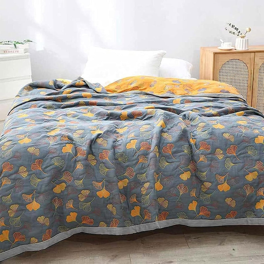 Ginkgo Leaf Throw Blanket, Reversible Yellow and Blue Design, Soft Cozy Fabric for Indoor and Outdoor Use