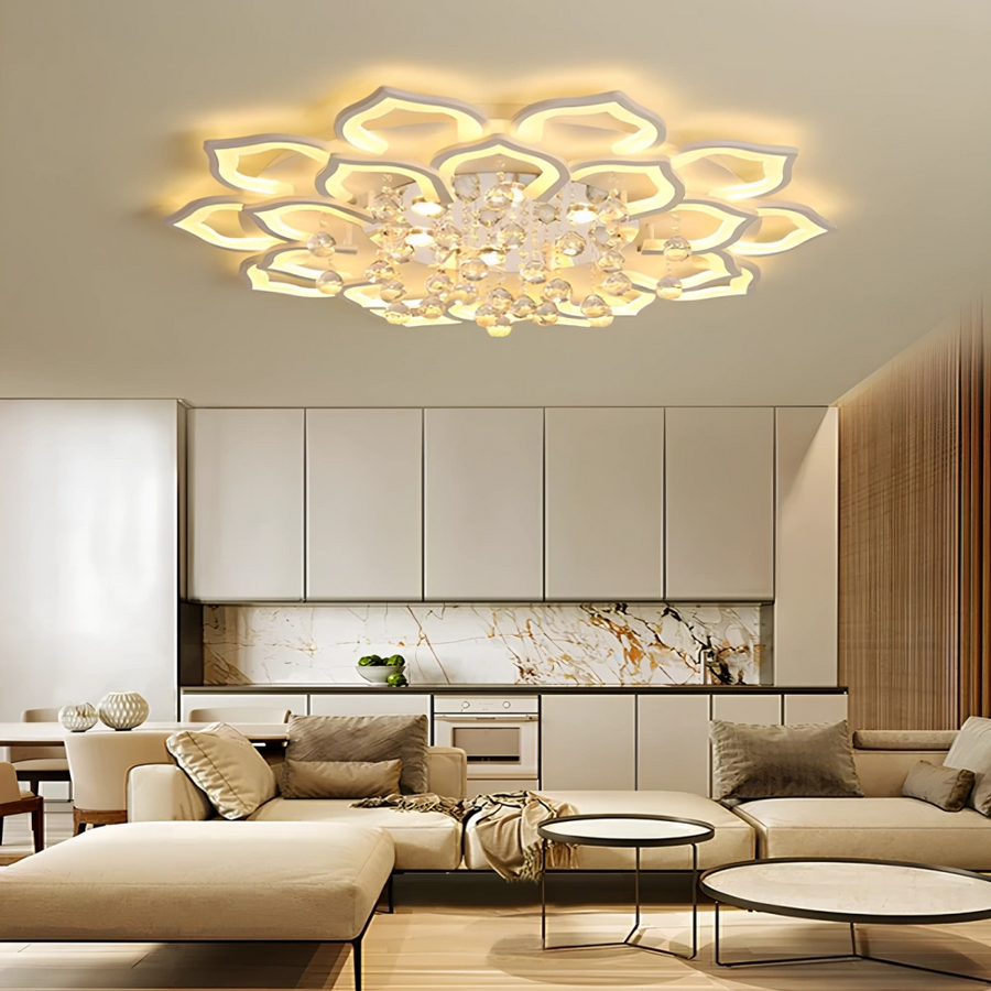 Lotus Crystal Chandelier – Luxury LED Ceiling Light, Petal Form, Gold Finish for Living Room