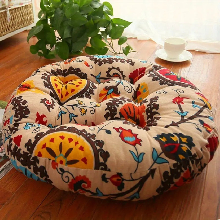 Round Boho Cushion in Soft Cotton Linen with Floral Pattern – Thick Comfortable Floor Seat for Meditation and Yoga