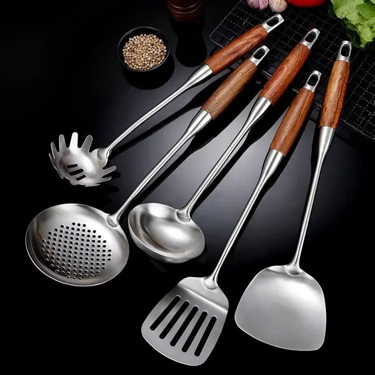 Stainless Steel Kitchen Utensil Set – 6 Piece Ergonomic Wooden Handles 0