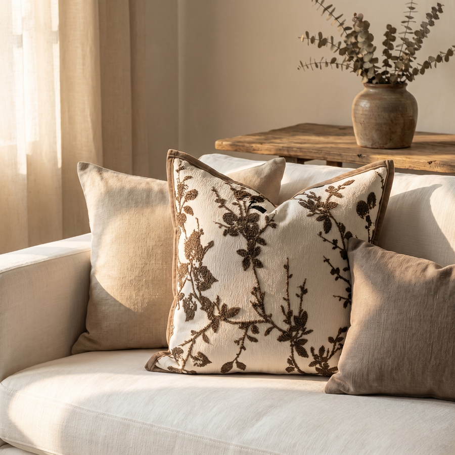 Brown Branch Textured Throw Pillow Cover — Earthy Tonal Cushion Case for Sofa and Bed, 18x18 & 12x20 in