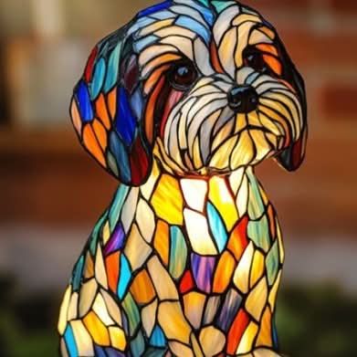 Art Deco Stained Glass Table Lamp with Dog Design – USB Powered Bedside and Bedroom Lamp for Unique Home Decor
