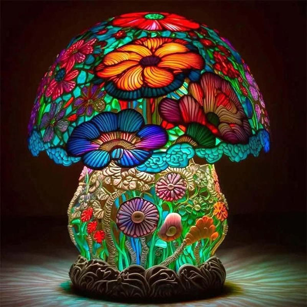 Art Nouveau Stained Glass Table Lamp – Unique Mushroom Design for Bedroom or Living Room, Warm Ambient Light