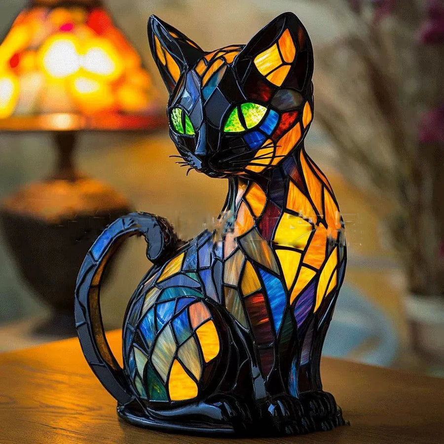 Art Nouveau Stained Resin Table Lamp for Living Room or Bedroom – Handcrafted Cat and Dog Design with USB Plug