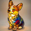 Art Nouveau Stained Resin Table Lamp for Living Room or Bedroom – Handcrafted Cat and Dog Design with USB Plug
