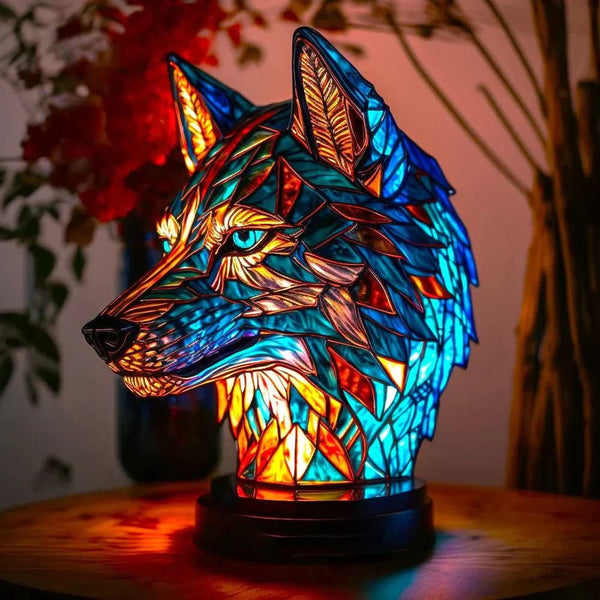 Art Nouveau Stained Resin Table Lamp with Wolf Design – Colorful Decorative Nightstand Lamp for Living Room and Bedroom