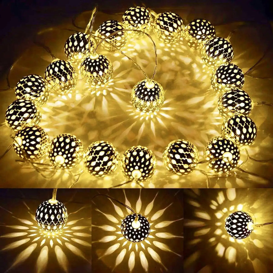 Battery Operated LED Moroccan Fairy Lights – 10ft Gold Globe String Lights for Indoor and Outdoor Party Decor