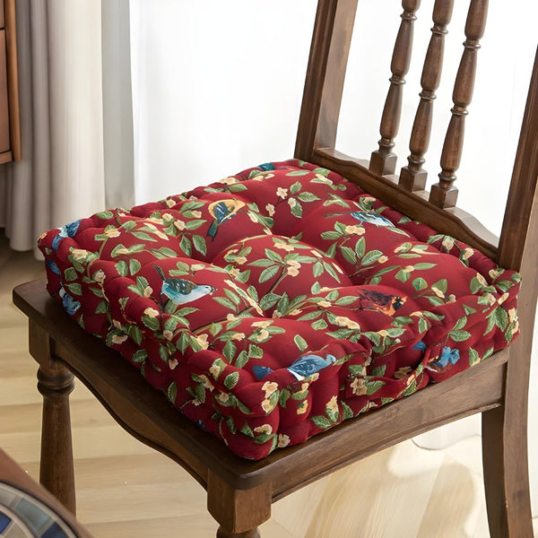 Bird and Leaf Pattern Chair Cushion with Thick Padding and Portable Strap – 16.5 x 16.5 Inches