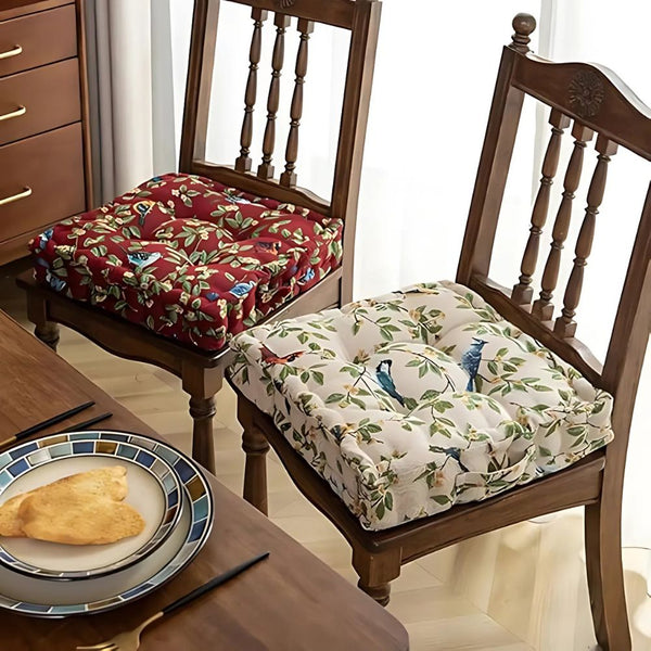 Bird and Leaf Pattern Chair Cushion with Thick Padding and Portable Strap – 16.5 x 16.5 Inches