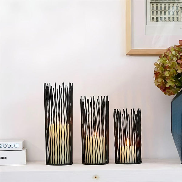 Black Iron Candle Holder with Geometric Design for Desk and Table Decor