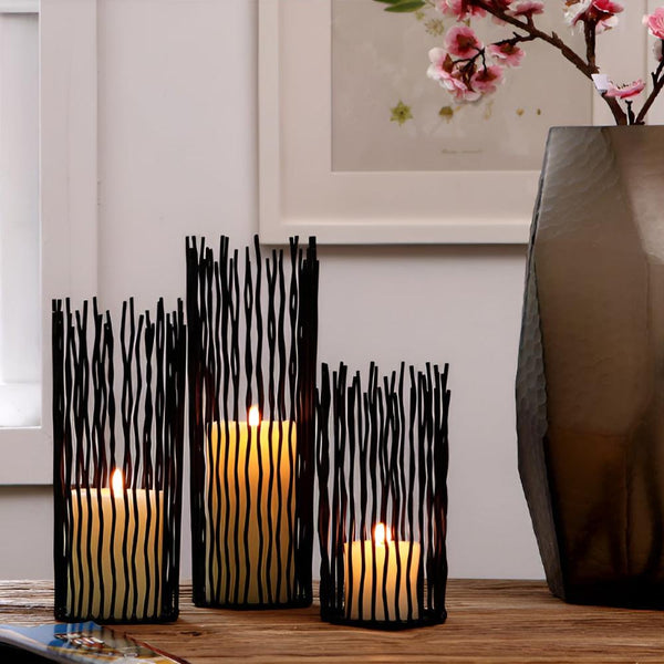 Black Iron Candle Holder with Geometric Design for Desk and Table Decor