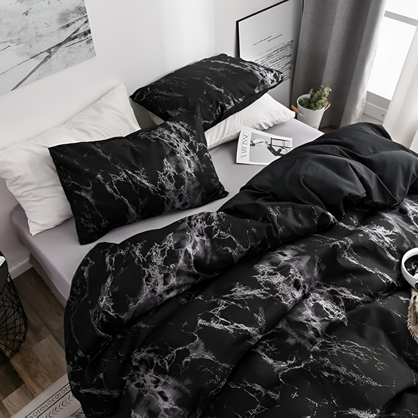 Black Marble Duvet Cover Set – 3-Piece Microfiber Queen Bed Covers with Pillowcases for Modern Bedroom Decor