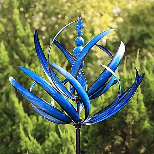 Blue Lotus Wind Spinner - Elegant Metal Garden Ornament with Intricate Design for Outdoor Decor