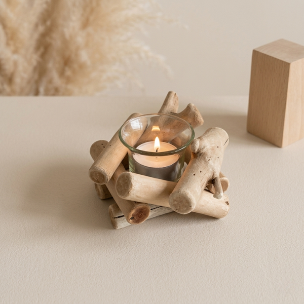 Coastal Tealight Candle Holder with Wooden Frame and Glass Insert for Indoor Tabletop Decor