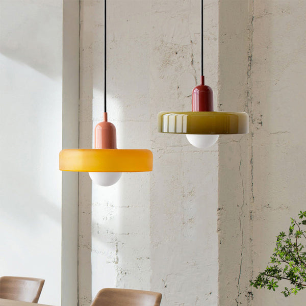 Colored Glass Pendant Lighting – Modern Adjustable Height Fixture for Kitchen and Home Decor, Round Design, 25cm or 35cm Diameter