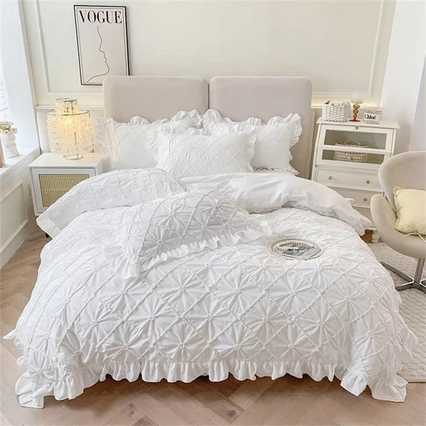 Cotton Plush Ruffle Bedding Set – 4-Piece Duvet Cover and Pillowcase Set with Pinch Pleats and Twist Flower Detail