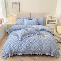 Cotton Plush Ruffle Bedding Set – 4-Piece Duvet Cover and Pillowcase Set with Pinch Pleats and Twist Flower Detail