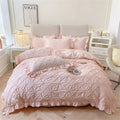Cotton Plush Ruffle Bedding Set – 4-Piece Duvet Cover and Pillowcase Set with Pinch Pleats and Twist Flower Detail