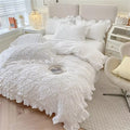 Cotton Plush Ruffle Bedding Set – 4-Piece Duvet Cover and Pillowcase Set with Pinch Pleats and Twist Flower Detail
