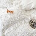 Cotton Plush Ruffle Bedding Set – 4-Piece Duvet Cover and Pillowcase Set with Pinch Pleats and Twist Flower Detail