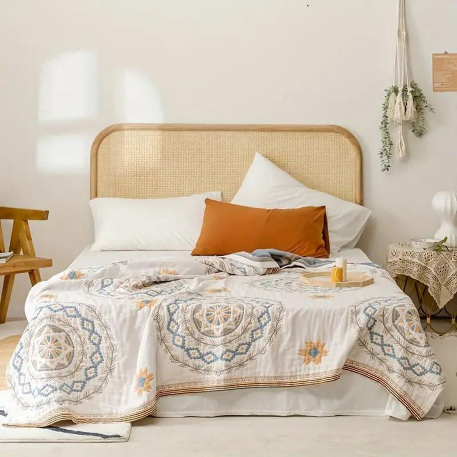 Cotton Throw Blanket with Bohemian Mandala Pattern – Soft, Breathable Multi-Use Indoor and Outdoor Blanket