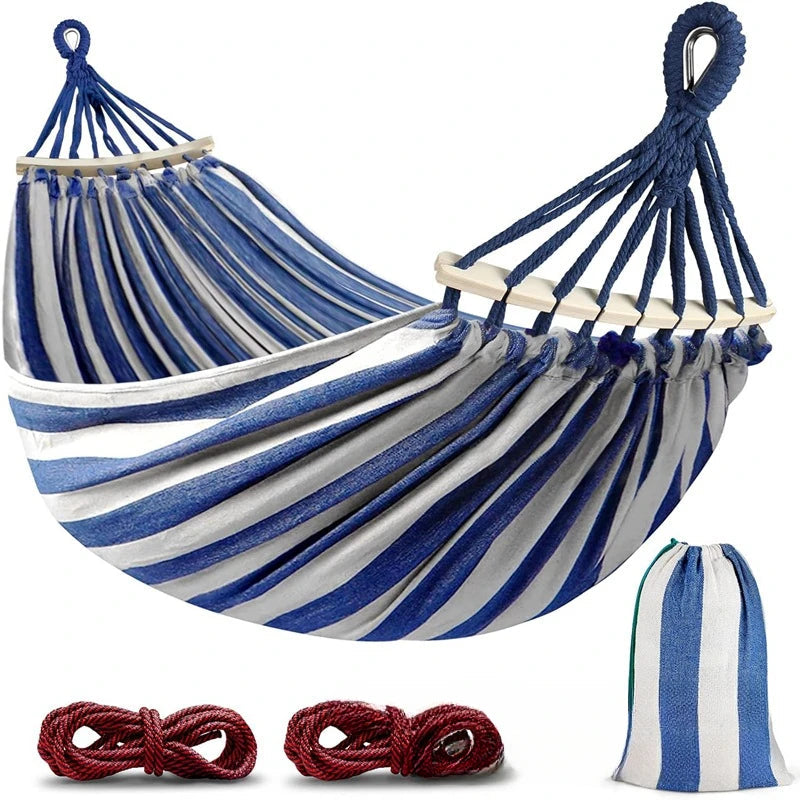 Double Camping Hammock with Wooden Spreaders – Anti-Roll Design, Durable Canvas, Portable for Outdoor Relaxation