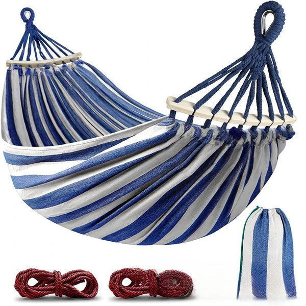 Double Camping Hammock with Wooden Spreaders – Anti-Roll Design, Durable Canvas, Portable for Outdoor Relaxation