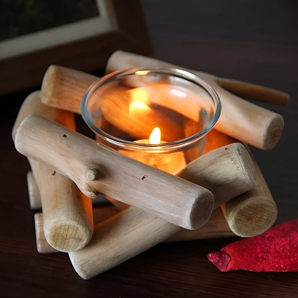 Driftwood Candle Holder with Glass Insert Rustic Coastal Tealight Holder for Home Decor