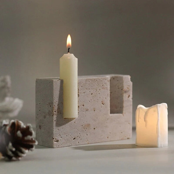 Dual Travertine Marble Taper Candle Holder with Minimalist Design for Home Decor