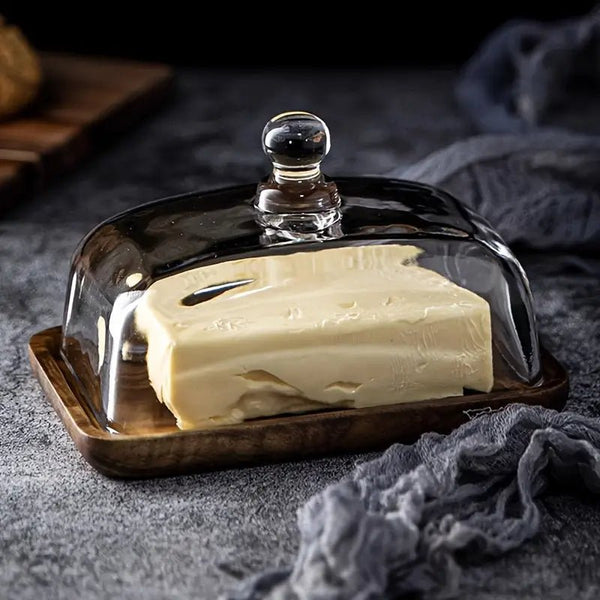 Elegant Kitchen Storage | Wood & Glass Butter Dish with Clear Lid | Perfect for Butter, Cheese, and Sweets 0