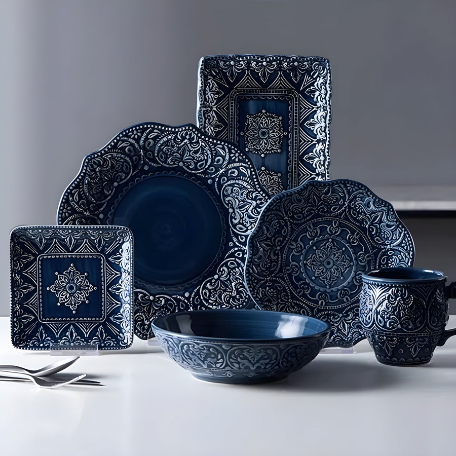 Elegant Porcelain Dinnerware Set with Navy Baroque Design | Durable & Dishwasher Safe for Everyday and Formal Dining 0