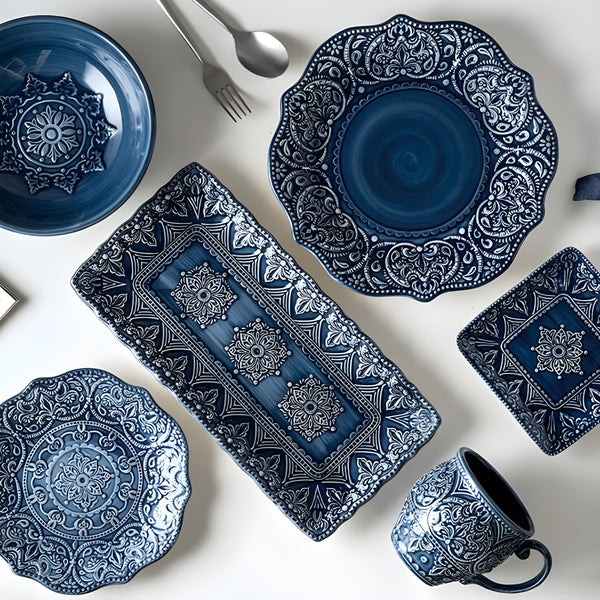Elegant Porcelain Dinnerware Set with Navy Baroque Design | Durable & Dishwasher Safe for Everyday and Formal Dining 1