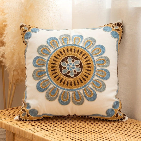 Embroidered Vintage Cushion Cover 18x18 Inches Microfiber Blend with Zip Closure for Sofa and Bed Decor