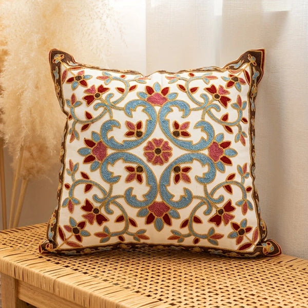 Embroidered Vintage Cushion Cover 18x18 Inches Microfiber Blend with Zip Closure for Sofa and Bed Decor