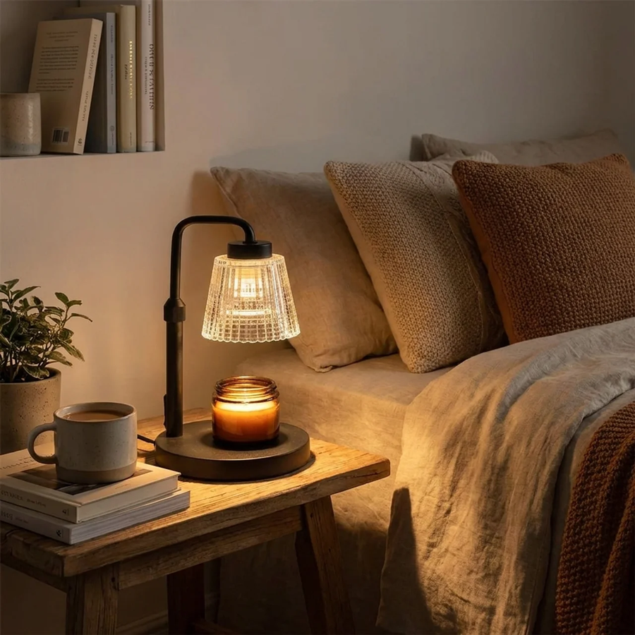 Flameless Candle Warmer Lamp with Adjustable Brightness and Timer – Black Metal and Glass Design for Safe Wax Melting