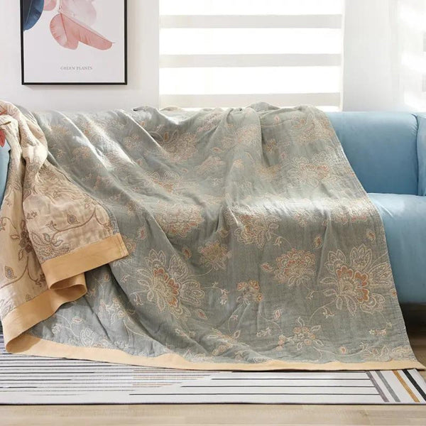 Floral Comfort Blanket, 100% Cotton Five-Layer Gauze Design for Year-Round Use, Lightweight & Breathable