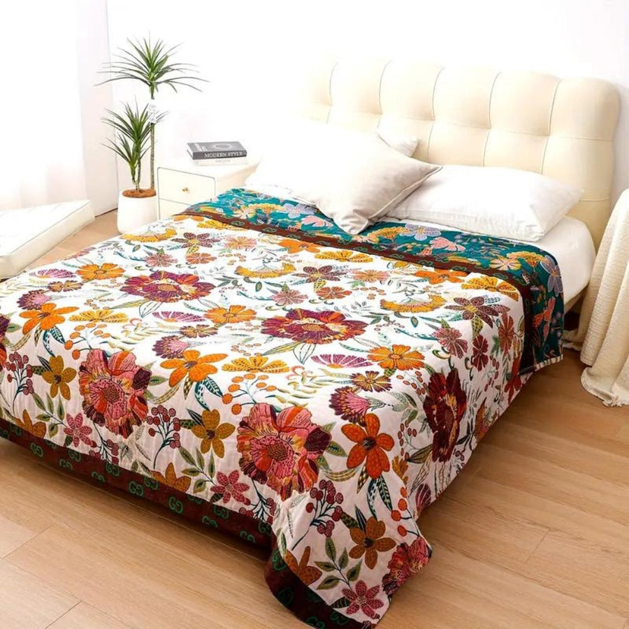 Floral Cotton Blanket Throw - Reversible Jacquard Design for Sofa and Bed - All-Season Comfort and Style