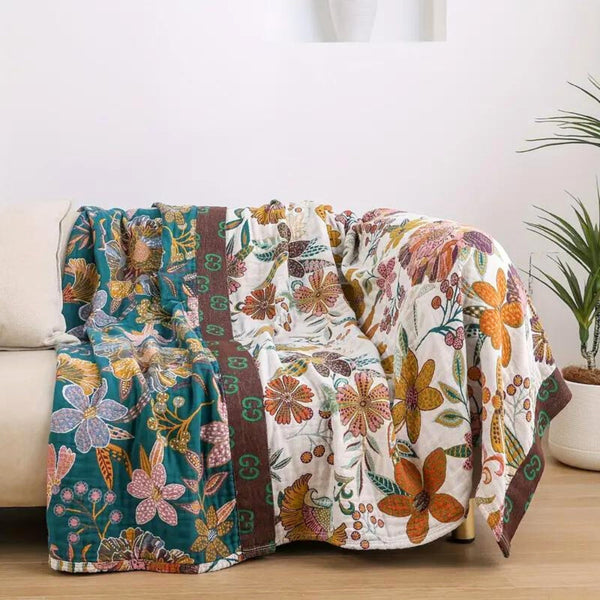 Floral Cotton Blanket Throw - Reversible Jacquard Design for Sofa and Bed - All-Season Comfort and Style