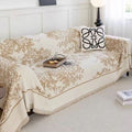 Overhead view of oversized chenille flowerfield sofa cover showing full woven pattern and soft drape on furniture