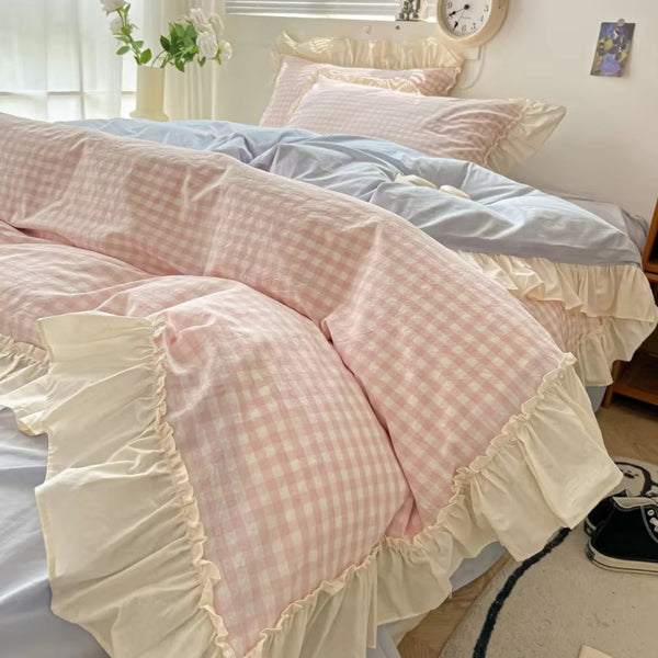 Gingham Check Bedding Set with Ruffled Edges – Cotton-Microfiber Duvet Cover, Sheet, and Pillowcases