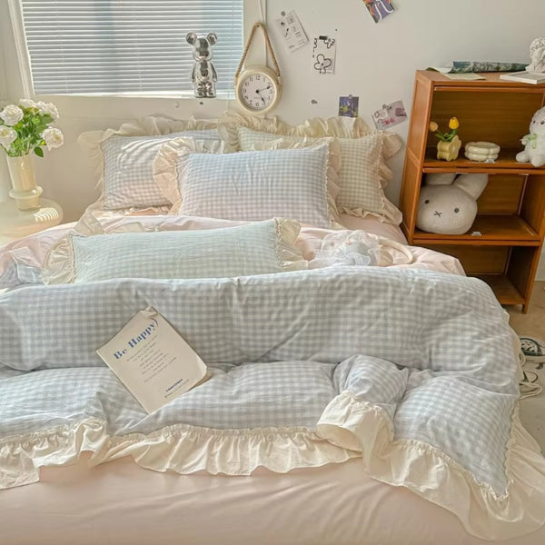 Gingham Check Bedding Set with Ruffled Edges – Cotton-Microfiber Duvet Cover, Sheet, and Pillowcases