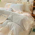 Gingham Check Bedding Set with Ruffled Edges – Cotton-Microfiber Duvet Cover, Sheet, and Pillowcases