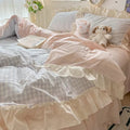 Gingham Check Bedding Set with Ruffled Edges – Cotton-Microfiber Duvet Cover, Sheet, and Pillowcases